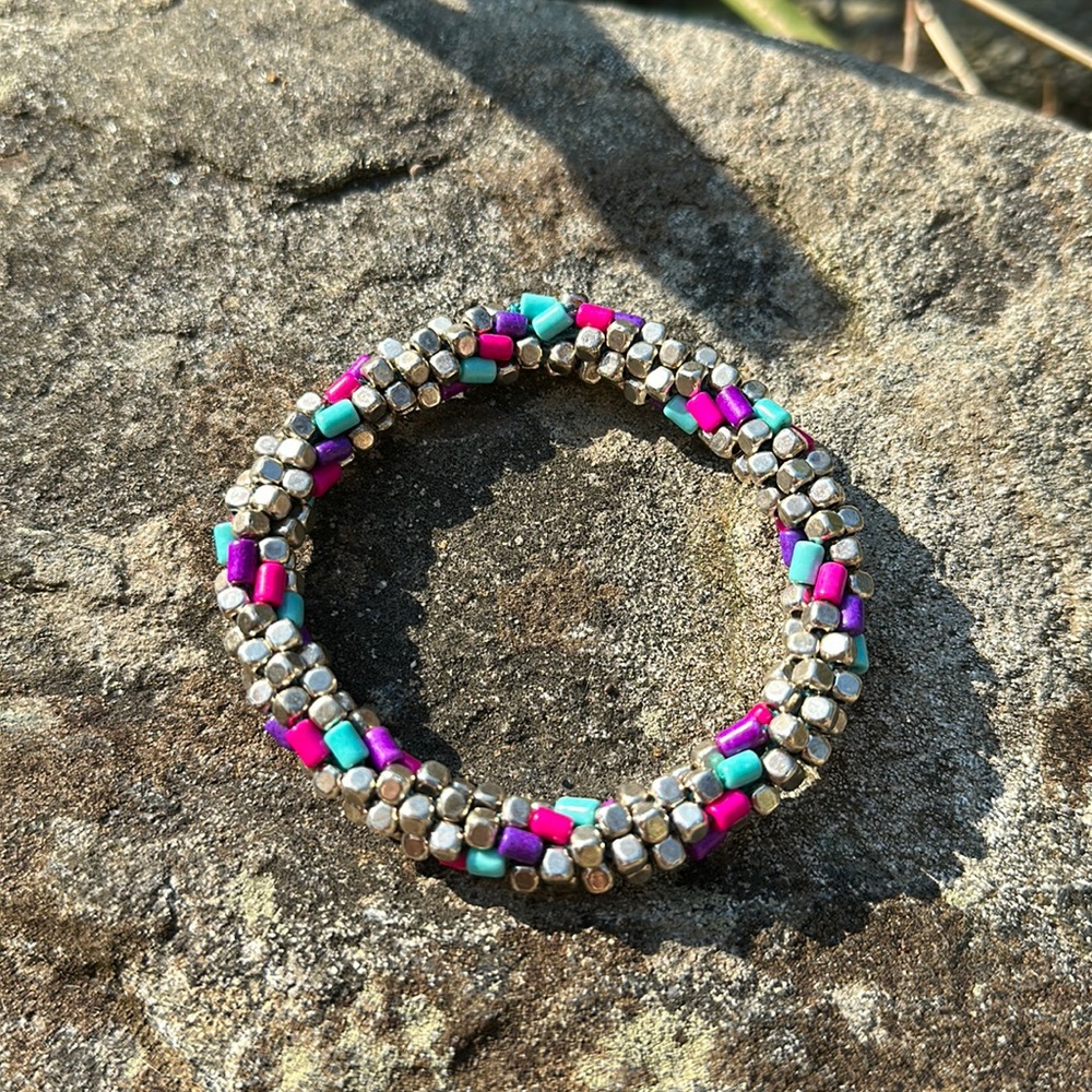 Silver cube crocheted bracelet